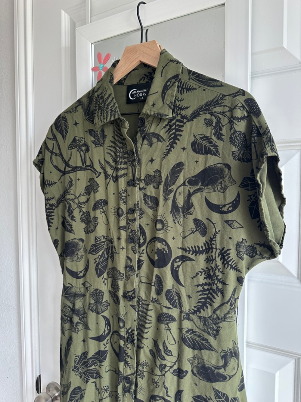 Crescent Moon Olive Green Button-Front Shirt Dress by Midnight Hour - Picture 6 of 9
